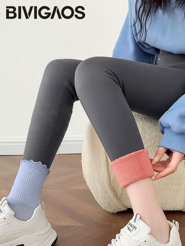 BIVIGAOS jesenné zimné ružové zamatové žraločie Legíny pre ženy fleece vysoký pás hrubé teplé