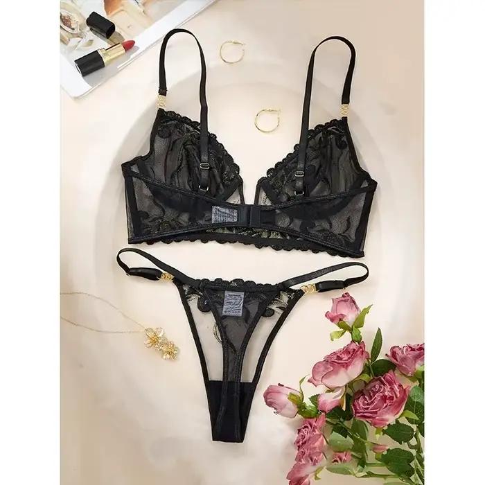 Ensemble de lingerie noire en maille pour femmes, broderie délicate, soutien-gorge et culotte fins, lingerie sexy transparente pour lune de miel