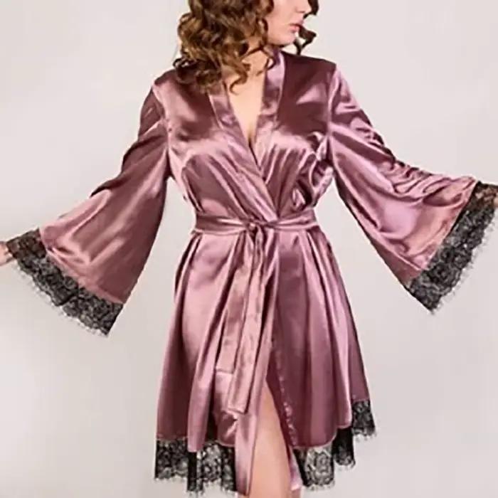 Robe Kimono Sexy pour femmes, chemise de nuit en Satin garnie de dentelle, vêtements de nuit de mariée, ceinture réglable, vêtements de détente confortables