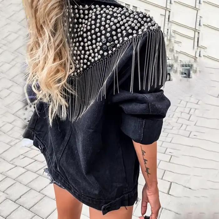 TEELYNN Boho čierna Denim bunda pre ženy kabát s dlhým rukávom jeseň voľný strapce Jean bundy 2025 perly nity