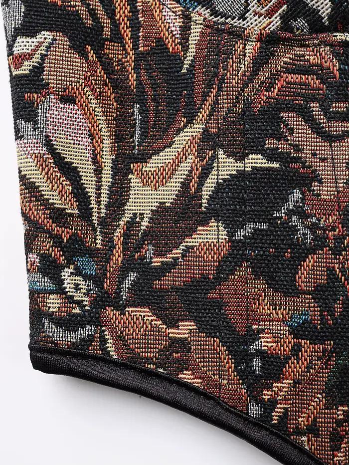 Corset victorien à baleines, bustier vintage en jacquard style peinture à l'huile, avec lacets et ruban en satin rétro, gilet ajusté pour femme