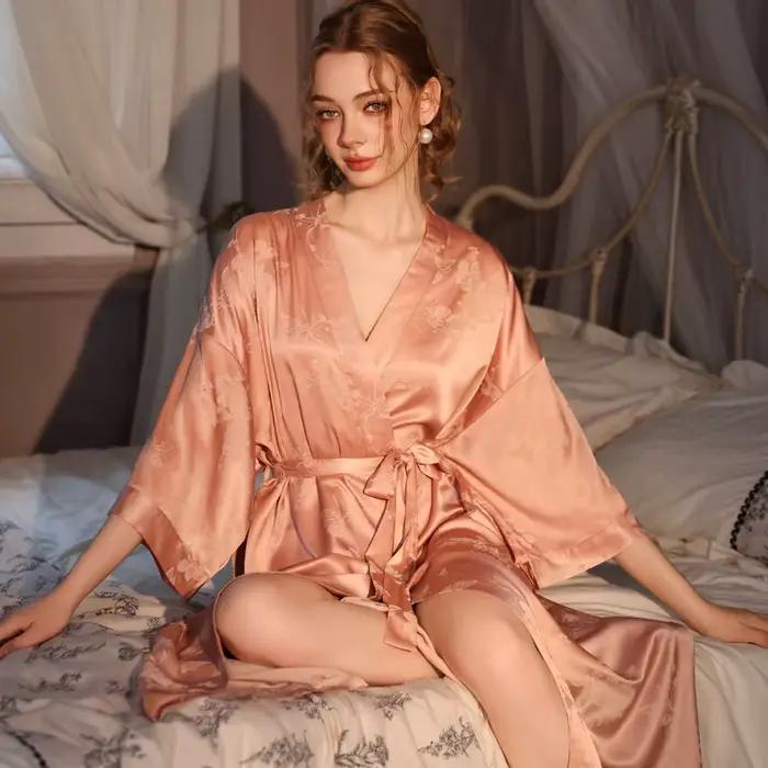 2025 toutes saisons Jacquard une pièce femmes pyjamas printemps automne longue peignoir glace soie luxe Satin Homewear chemise de nuit vêtements de nuit