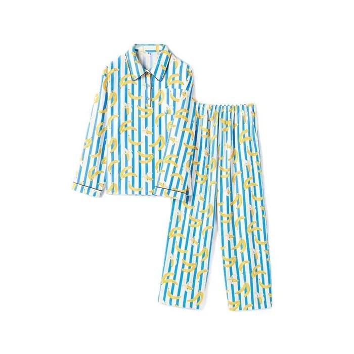 Rayé banane pyjama ensemble femmes mignon dessin animé fruits vêtements de nuit 100% coton à manches longues vêtements de détente 2 pièces automne Homewear Femme