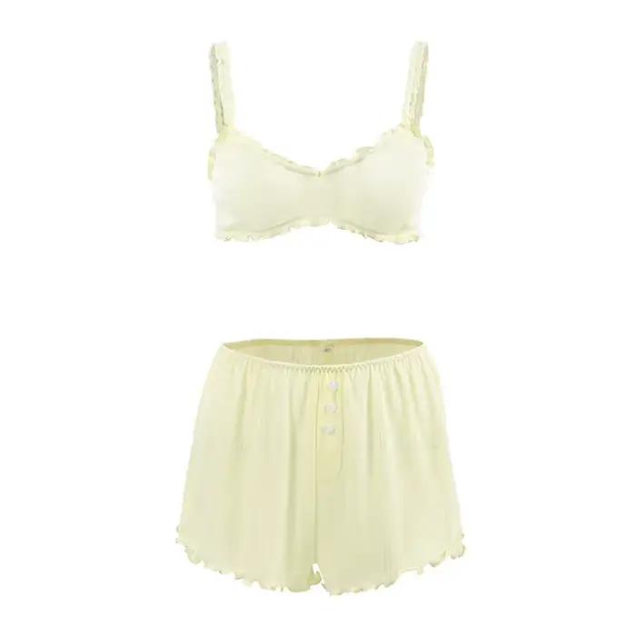 Ensemble de pyjama en tricot jaune pour femmes, 2 pièces, camisole en dentelle et short, jacquard respirant et doux, vêtements de détente pour la maison toute saison