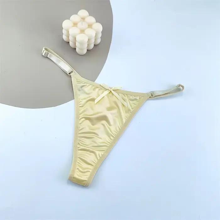 String en Satin réglable pour femmes, 3 pièces, sous-vêtements Sexy, taille basse, dos en T, fesses pêche, tentation, nœud Sexy, Lingerie