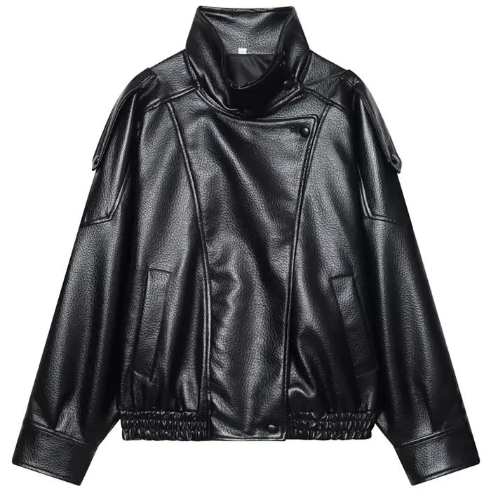 HXAO Čierna bunda z umelej kože pre ženy nový strih oversized bomber