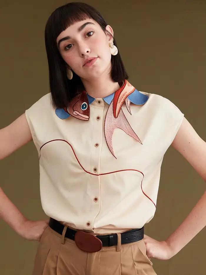 Chemise en coton vintage à broderie animal de compagnie pour femmes, décontractée et idéale pour les festivals de musique