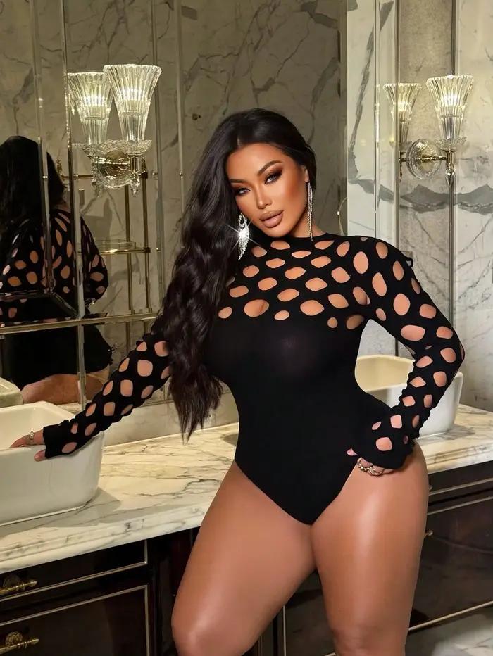 Combinaison sexy pour femme, grande taille, en résille, moulante, couleur unie, manches longues, tendance