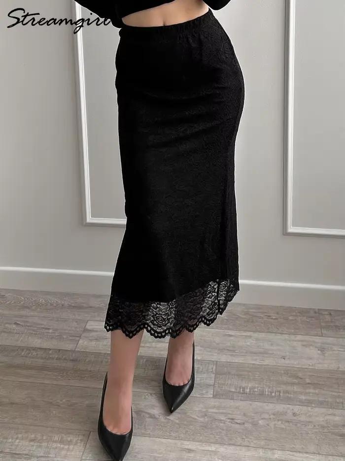 Jupe en dentelle blanche Maxi moulante femmes été tenue de bureau jupes formelles élégantes avec dentelle dame taille élastique dentelle jupe noire longue
