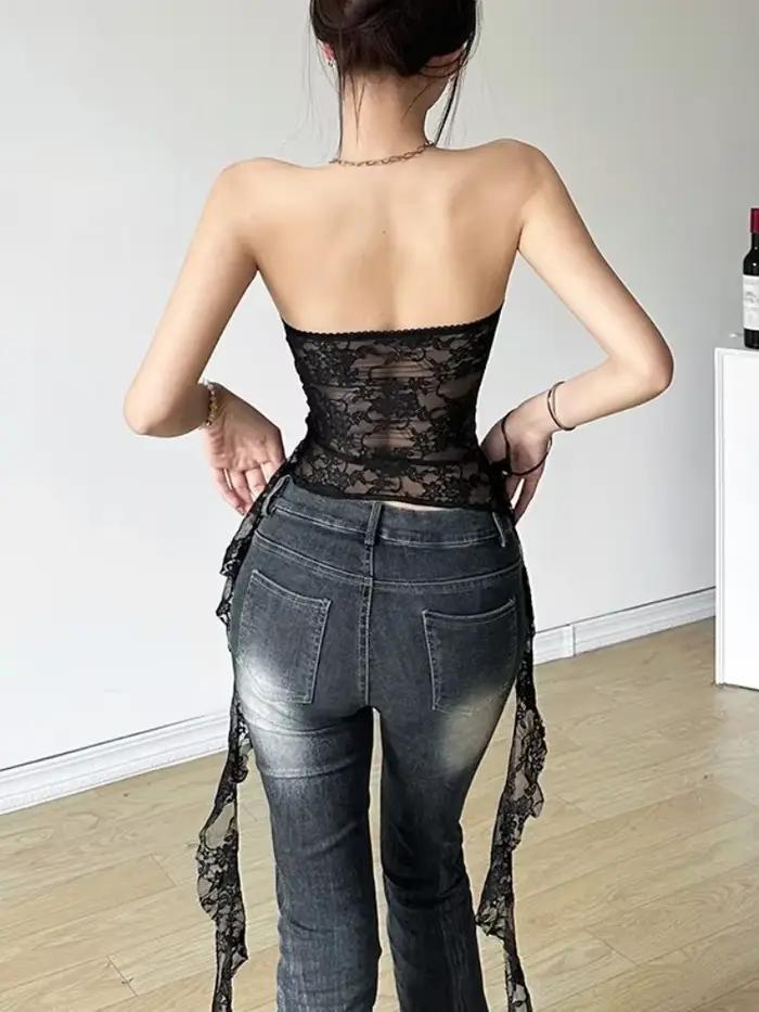 Corset en dentelle florale sans bretelles pour femme, haut bustier transparent, lingerie sexy, tenues de club, franges, corps féminin