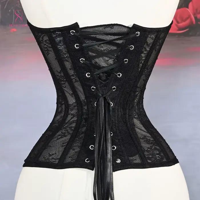 XXS corset femme luxe victorien élégant noir sexy en maille, bustier extrême moulant avec bonnets, baleines en acier, serre-taille sculptant les courbes.corse