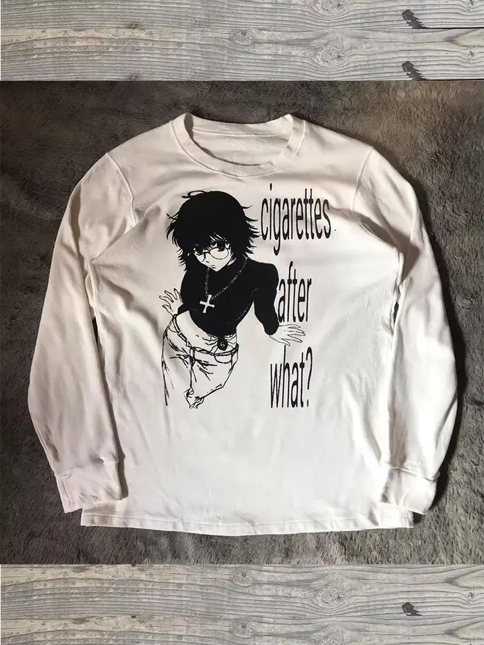 Dámske retro roztomilé Harajuku slim fit tričko biele voľné dievčenské s písmenami Anime potlačou dlhý rukáv