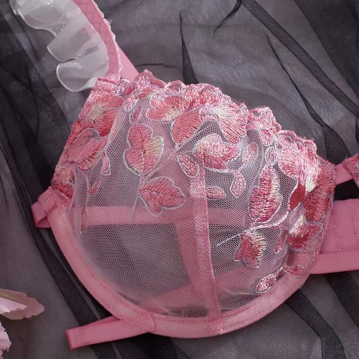 Ensemble de soutien-gorge en dentelle transparente brodée ultra-mince Ensemble de soutien-gorge à bretelles roses Design dos nu froncé confortable et respirant pour les jeunes...