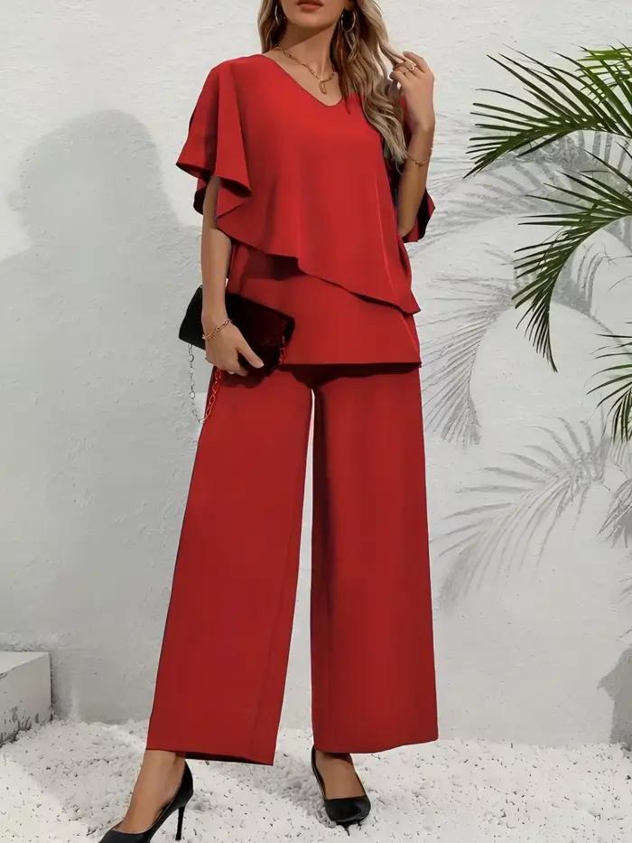 Ensemble décontracté pour femme en polyester et élasthanne avec blouse multicolore brodée et pantalon ample pour printemps et été occasions spéciales