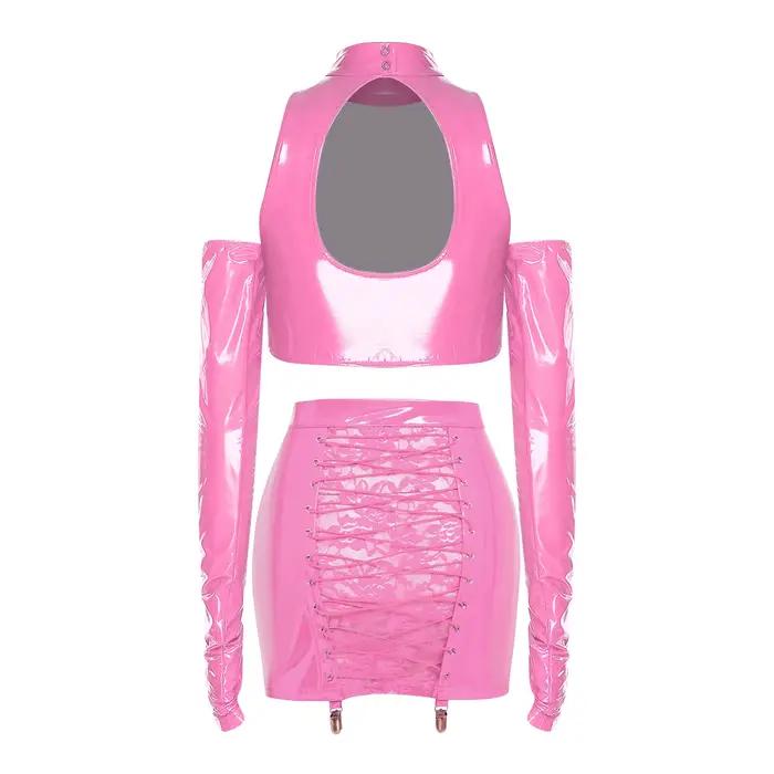 Tenues de pole dance pour femmes, effet cuir PU, tenue de clubbing, crop top découpé, fermeture éclair avant, dentelle florale au dos, mini-jupe moulante
