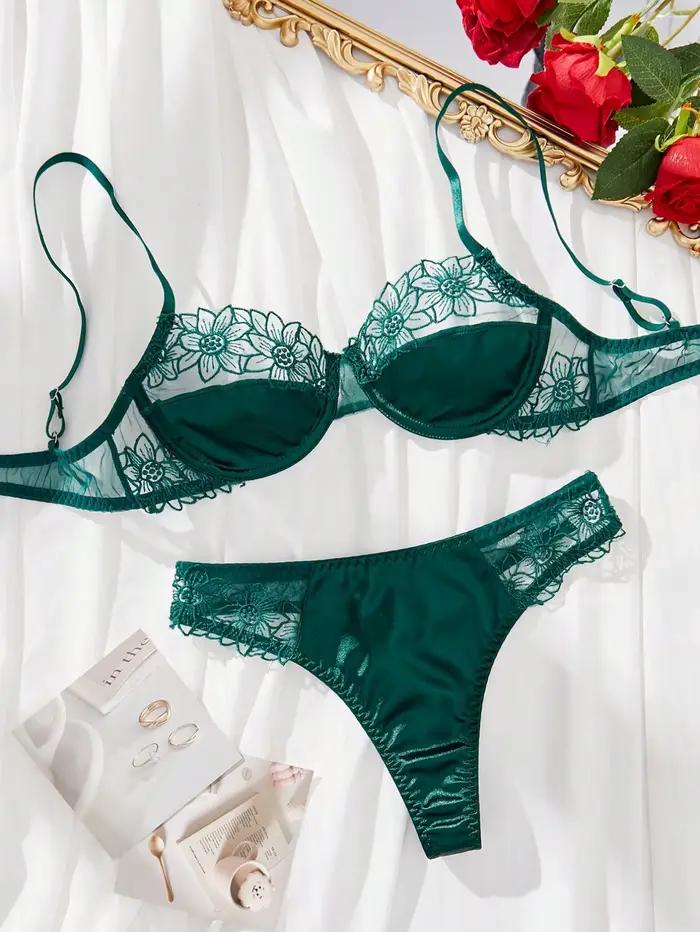 Ensemble de soutien-gorge sexy 2 pièces avec broderie florale - Ensemble de lingerie semi-transparente à armatures brodées de tournesol, idéal pour les dates, offre spéciale