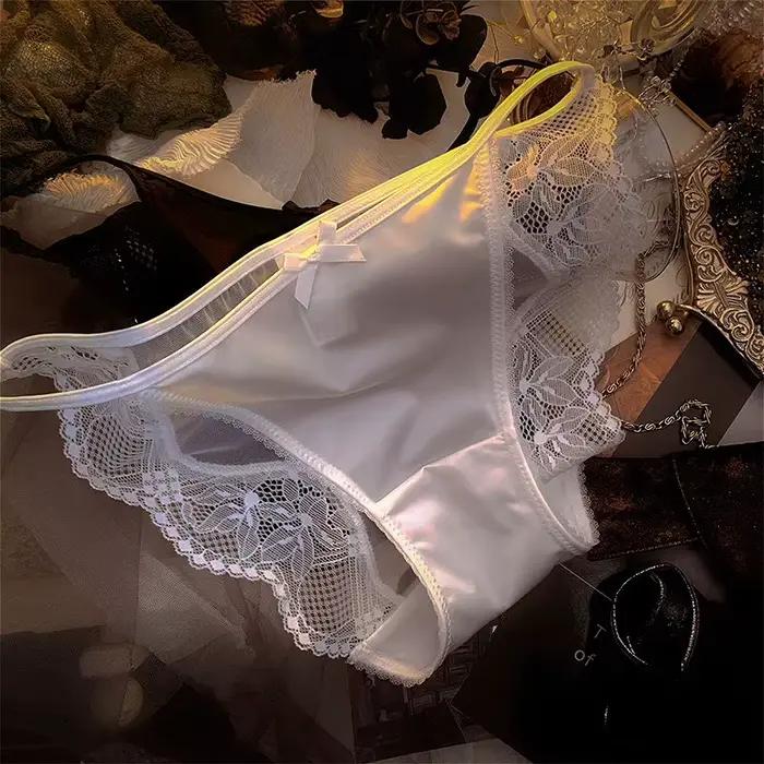 Hedvábné dievčatá Saténové nohavičky tenké slipy remienok čipka mašľa Sexy Lingerie spodná bielizeň pre ženy sieťovaná