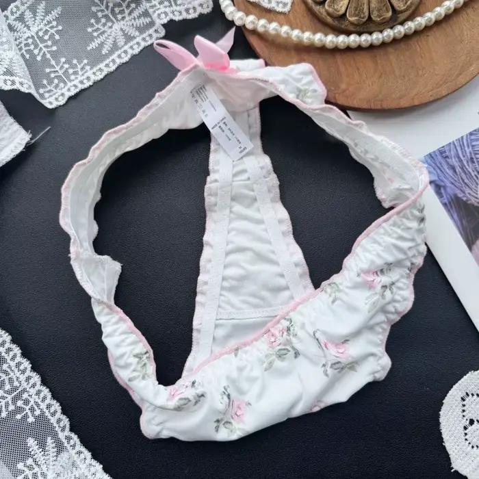 Culottes pour femmes et adolescentes, style lingerie, avec nœud mignon, à volants et motifs floraux, en soie glacée, taille basse, imprimées