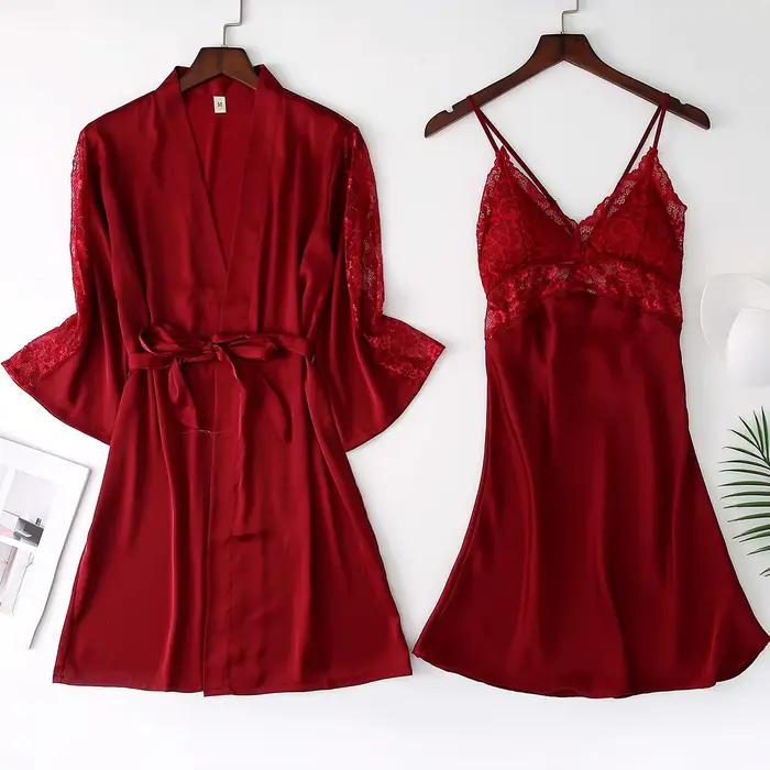 Ensemble de vêtements de nuit en Satin pour femmes, 2 pièces, Robe de mariée blanche, demoiselle d'honneur, garniture en dentelle, vêtements de nuit Sexy pour femmes, peignoir décontracté, vêtements d