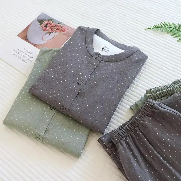 Pyjama en gaze de coton teint à pois pour femmes, ensemble de nuit Simple et décontracté à manches longues et col rond
