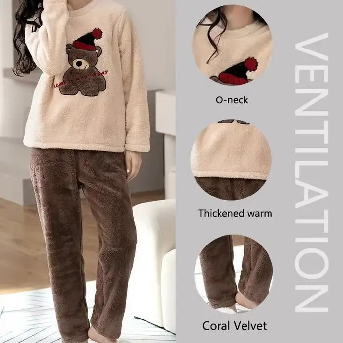 Épaissi chaud grande taille rembourré automne et hiver femmes pyjamas haut et pantalon ensemble corail velours dames dessin animé ours 2 pièces/ensemble