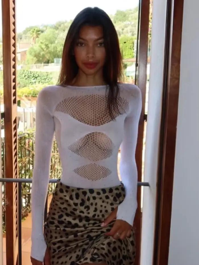 Body moulant en résille pour femme, ajouré, sexy, à manches longues, à sequins, polyvalent, collection Printemps 2026, tendance, pour un usage quotidien décontracté