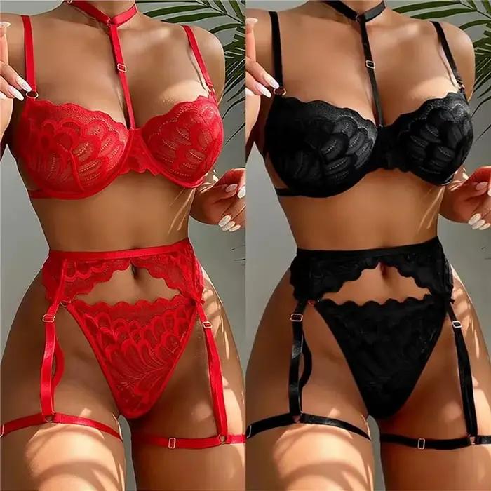 Ensemble de lingerie sexy en dentelle florale pour femme, soutien-gorge transparent à bretelles et culotte avec porte-jarretelles, idéal pour lune de miel, soirée et rendez-vous galant