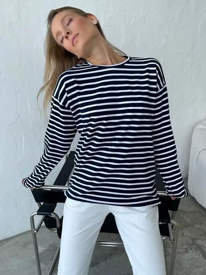 Bornladies 2025 leto s dlhými rukávmi pruhované tričká pre ženy základné ležérne vrchné oblečenie pohodlné voľné bavlnené tričko