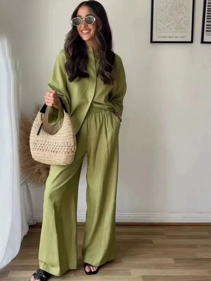 Ensemble pantalon et blouse HH pour femme, style high street, printemps et été, élégant et confortable pour le bureau et les occasions sociales