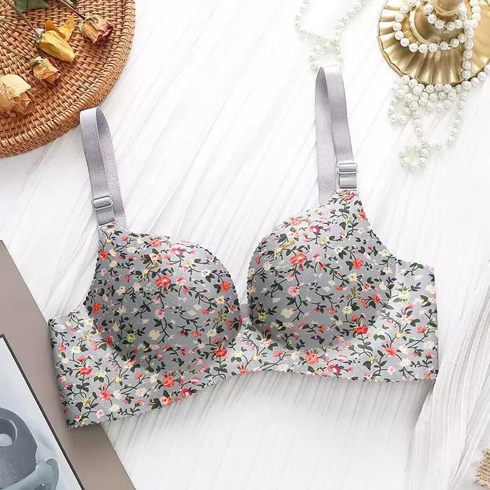 Soutien-gorge push-up à imprimé floral rétro pour petite poitrine, optique, tasse de moule, sans anneau en acier, soutien-gorge de synchronisation sans fil, étudiant, doux, sans couture, filles