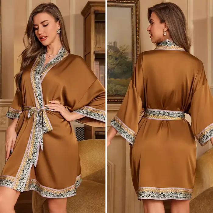 Robe de Nuit en Satin Bleu Marine à Imprimé Floral pour Femme, Kimono, Peignoir, Vêtement de Maison, Printemps et Été