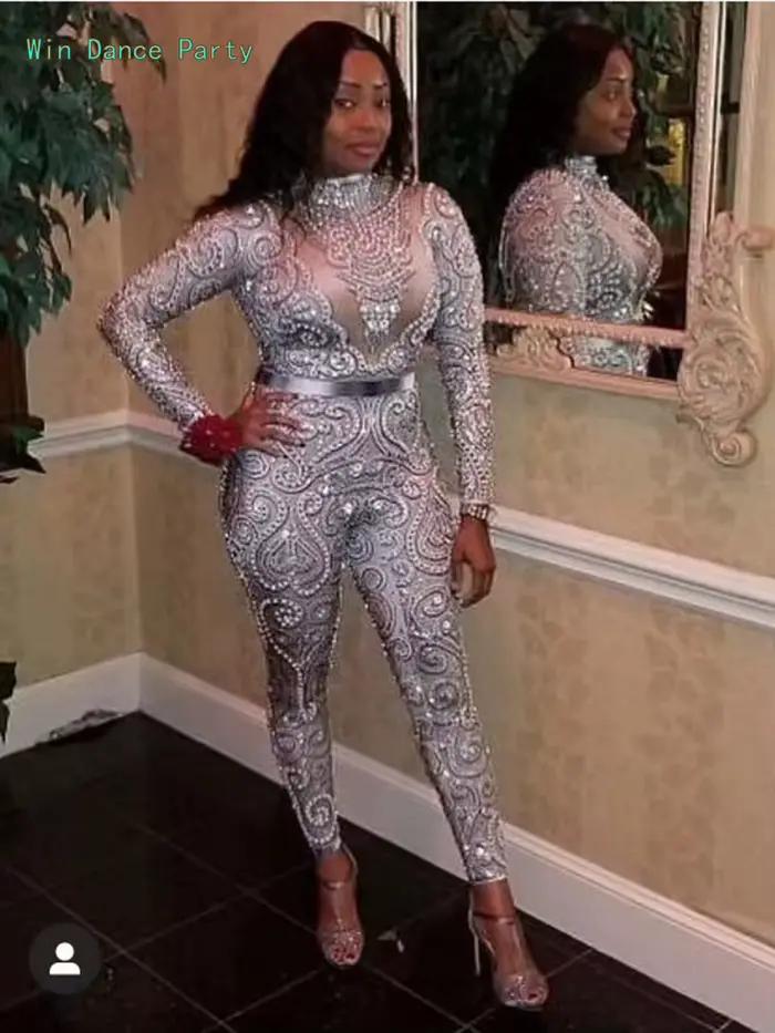 Combinaison moulante pour femme avec perles et diamants, tenue de pole dance, robe de spectacle pour chanteuse de discothèque, costumes de performance