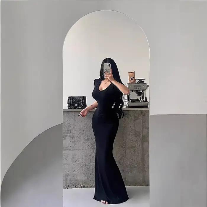 Kardashian Sexy manches courtes col en v minceur robe sirène longueur au sol portefeuille robe moulante femmes robe longue noire
