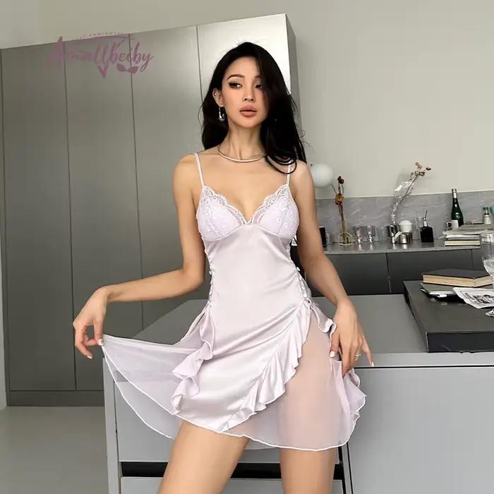Chemise de nuit sexy pour femmes, avec coussinet de poitrine, pyjama en satin et dentelle, dos à bretelles, nouvelle chemise de nuit en soie, Lingerie sexy