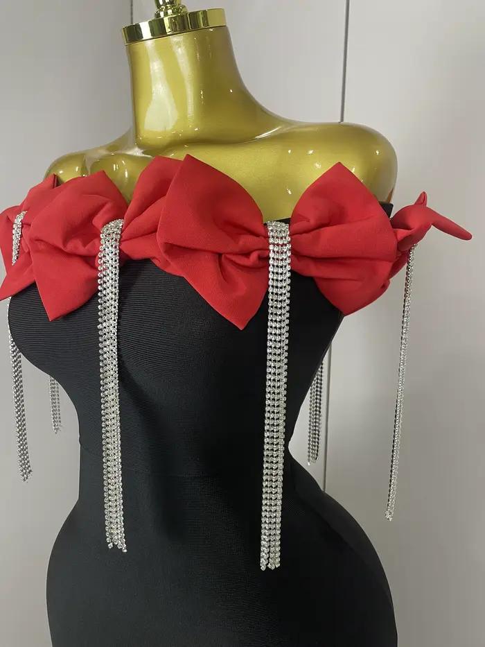 2025 ženy celebrít sexy odhalené rameno kvetina diamanty čierna motýlik maxi dlhá XL elegantná šaty na obväz s