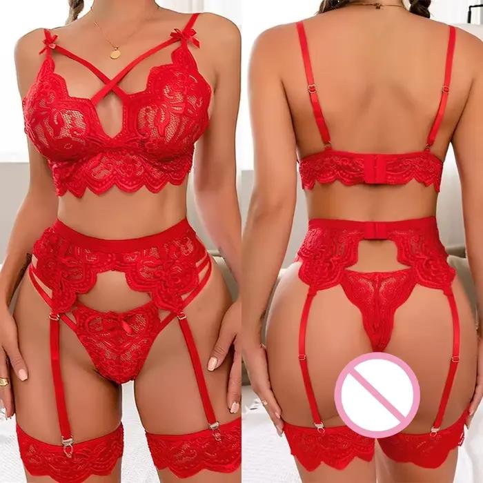 Ensemble de lingerie sexy en dentelle florale pour femme, soutien-gorge transparent à bretelles et culotte avec porte-jarretelles, idéal pour lune de miel, soirée et rendez-vous galant