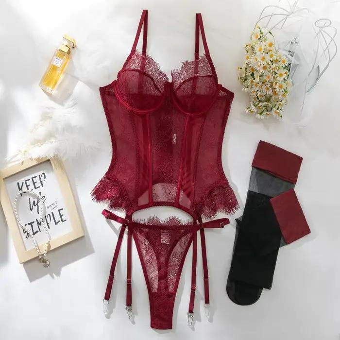 Ensemble de lingerie féminine Willowy, corset sexy, soutien-gorge et culotte en dentelle, 2 pièces avec bas, tenues transparentes, sous-vêtements intimes pour filles sissy