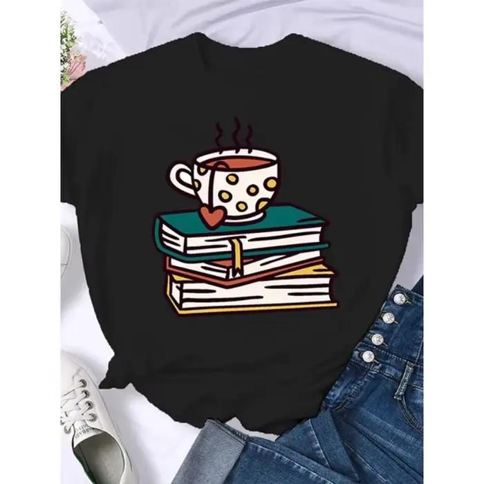 Retro americké tričko s potlačou káva knihy hnedá pre ženy