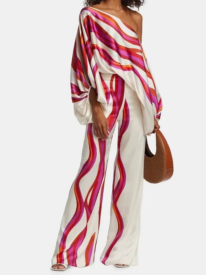 Pyjama Imprimé en Satin pour Femme, Ensemble de 2 Pièces, Vêtements de Maison, à la Mode, Amissié, avec Pantalon Long, 2024