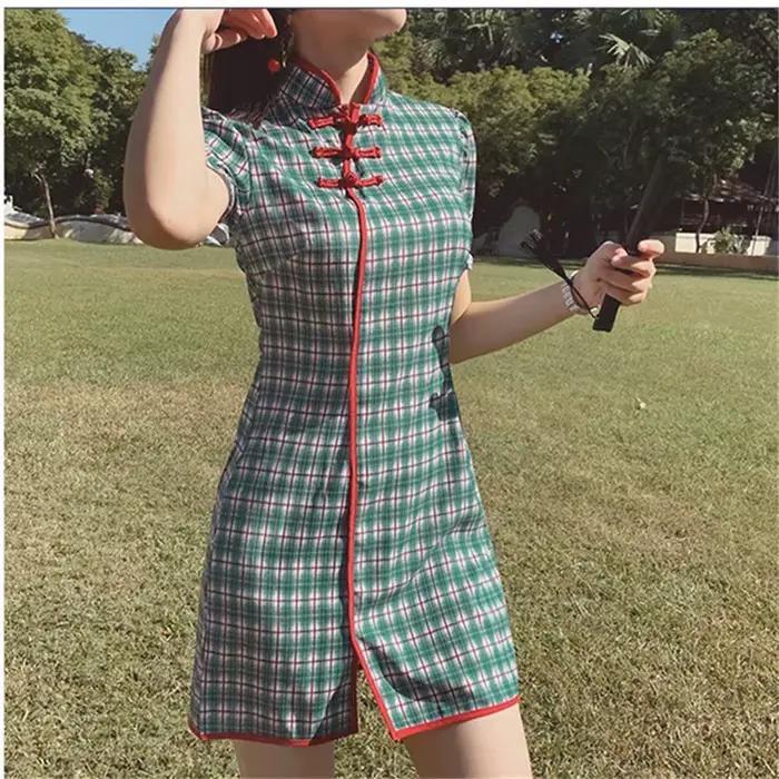 Qipao – bavlnené šaty v kockovanom vzore pre ženy