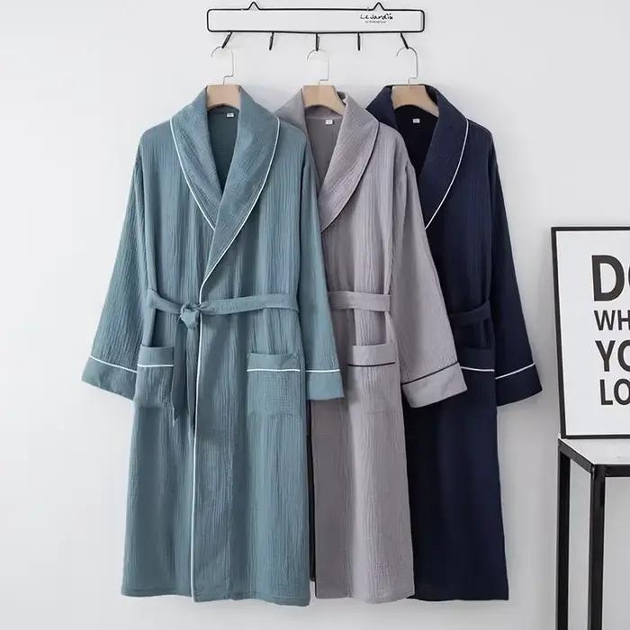 Chemise de nuit en coton pour couple, cardigan à manches longues, au-dessus du genou, peignoir pour hommes et femmes avec ceinture, chemise de nuit pour la maison, hôtel, grande taille
