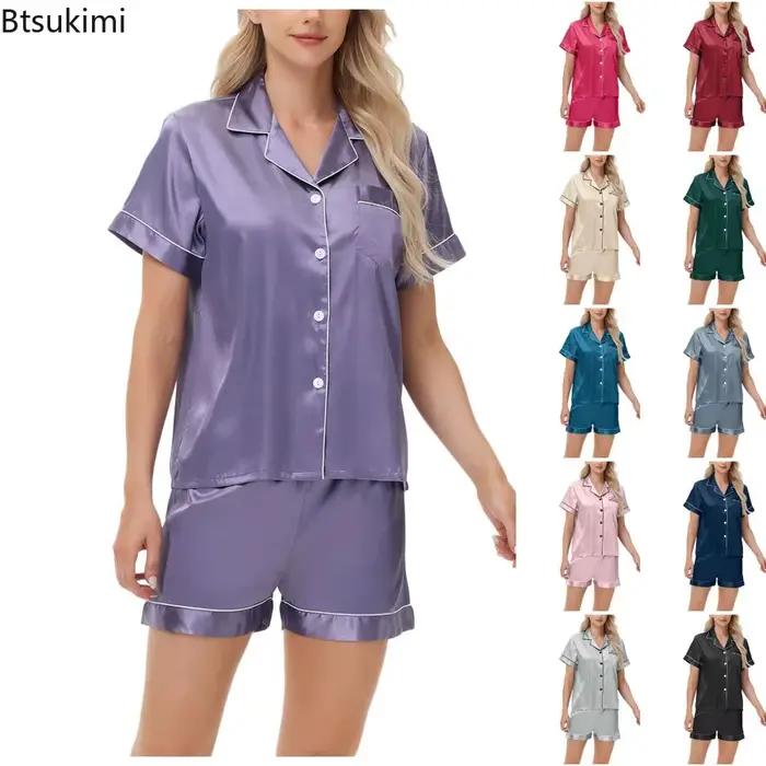 Ensemble de pyjamas pour femmes, vêtements de nuit en satin, hauts boutonnés et shorts, pyjama 2 pièces, pyjama femme, vêtements de nuit pour l'été