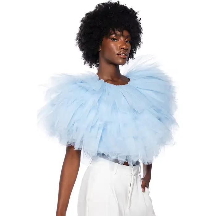 Haut court en tulle bleu ciel bouffant, épaules dénudées, superposé, avec volants, en maille volumineuse, pour soirée et séance photo