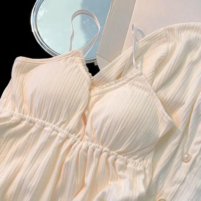 Pyjama haut de gamme en coton pour femmes, ensemble quatre pièces, manches longues, coussin de poitrine, pantalon à bretelles, vêtements de nuit, nouvelle collection printemps-automne