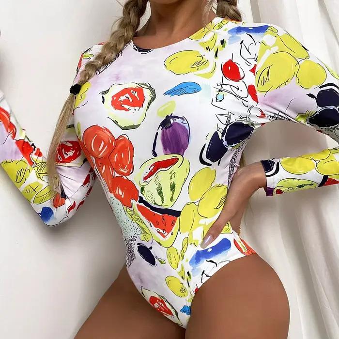 Maillot de bain une pièce pour femmes avec dos nu, manches longues, imprimé de fruits et légumes, pour nager, surf et plage