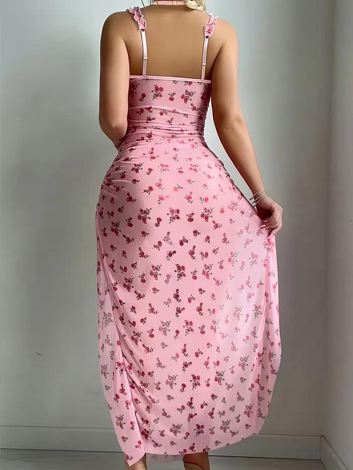 Ružová dvojdielna sexy bielizeň pre ženy, dlhé šaty na Valentína, tangá