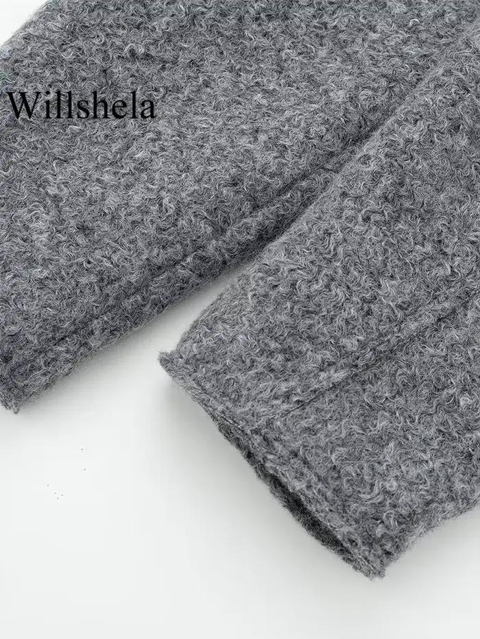 Willshela dámska módna bunda so sivými prednými vreckami na zips Vintage golier dlhé rukávy žena Štýlové oblečenie