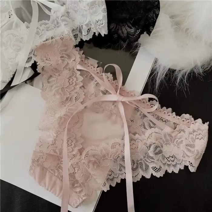 Culottes transparentes à taille basse en dentelle style français avec nœud et fleurs, slips sans couture pour femmes, cadeaux