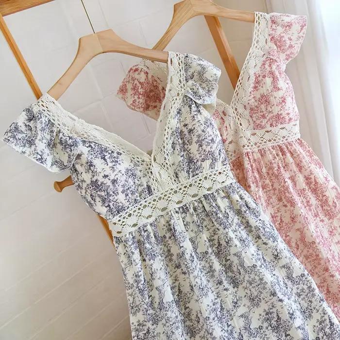Robe de nuit en fibre de coton pur pour femmes, vêtements de nuit à col en V, vêtements de nuit pour la maison, pyjama d'été