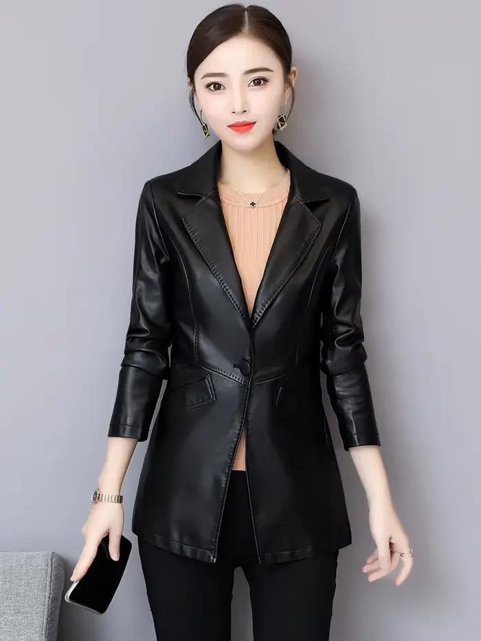 Nová dámska kožená bunda Jeseň Zima Móda Klasický Jednogombíkový Slim Blazer z ovčej kože Jar Oblečenie